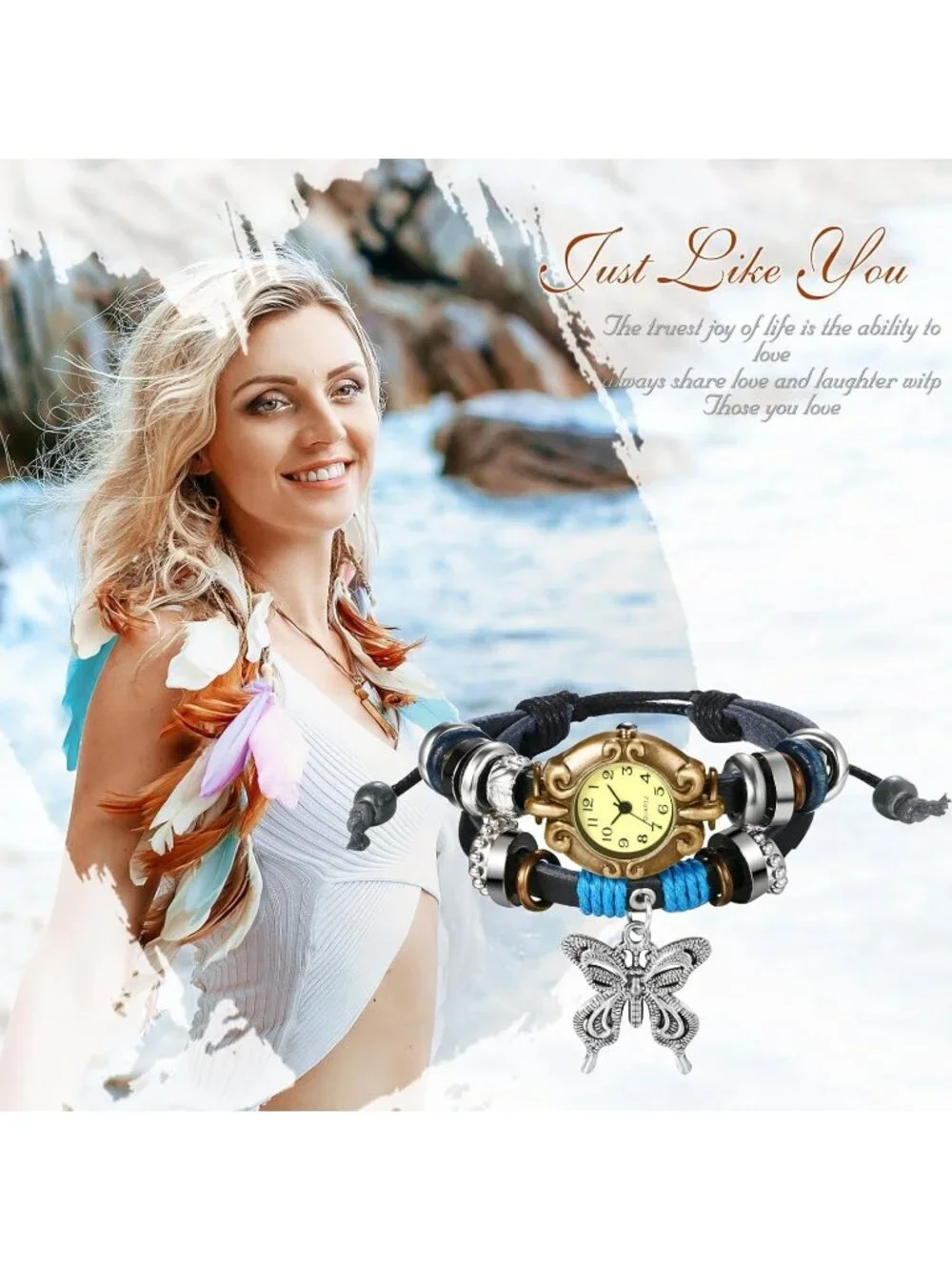 Women Black Blue Analog Butterfly Bracelet Weave Wrap Around Leather Wrist Watch